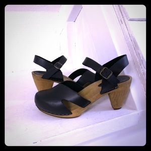 Sanita Black Leather Mules with Wooden Heel